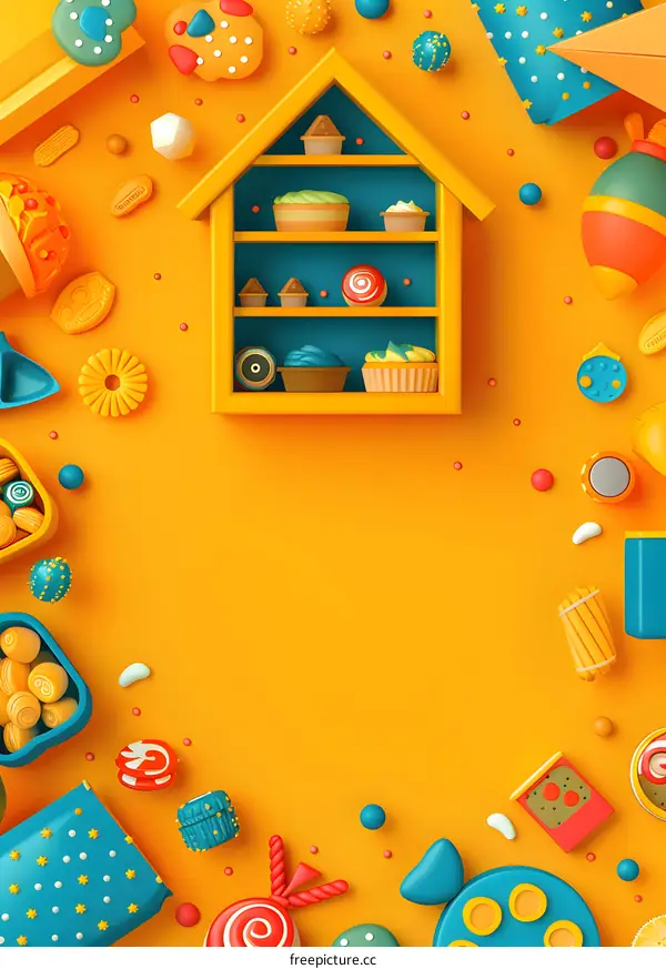 Yellow Background With Colorful Sweet Shop Shelf