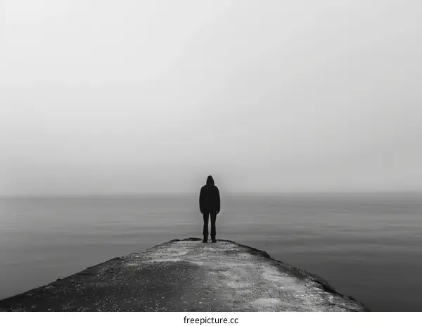 Man standing alone on a pier in the middle of the ocean