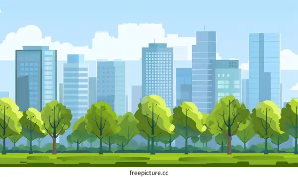 Green Trees and Modern Buildings in City Skyline Illustration