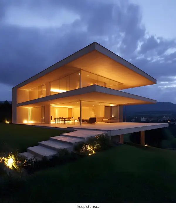 Modern Architecture House with Glass Walls and Overhanging Roof