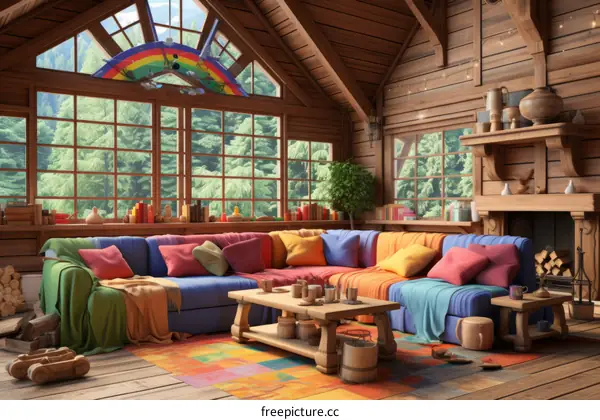 A cozy living room with a fireplace and a large window