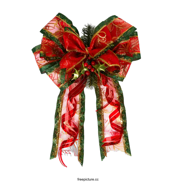 [Transparent Background PNG]Red and Green Christmas Bow with Holly Berries