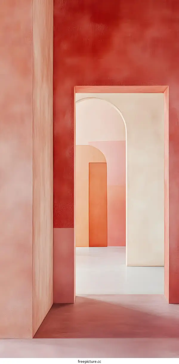 Abstract Minimalist Interior Design with Pink and Orange Walls and Arched Doorways