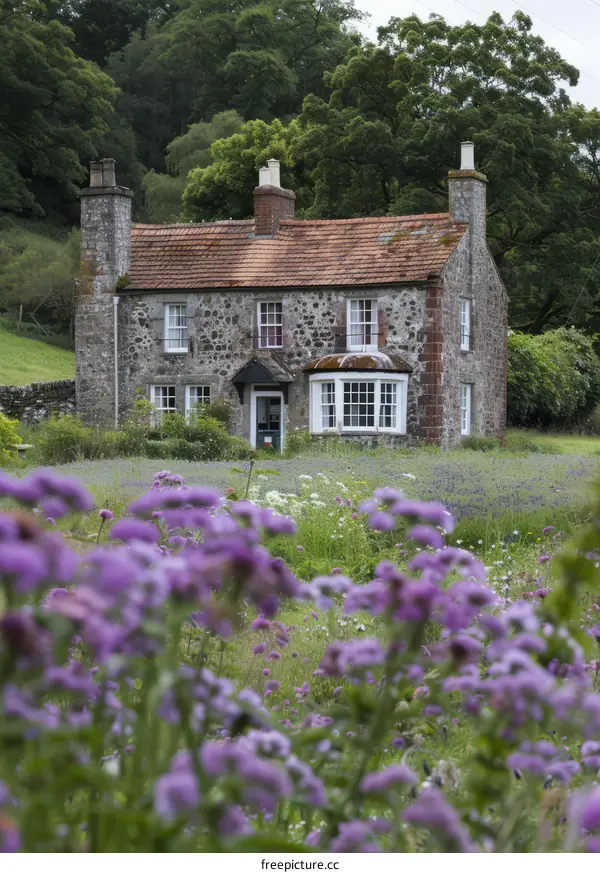 Stone cottage in a field of purple flowers