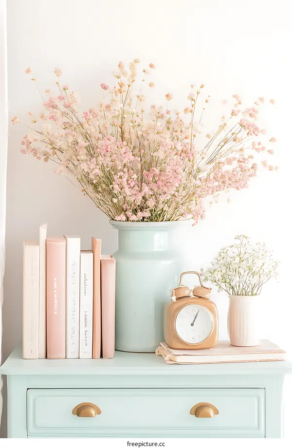 Pastel Colored Vase with Flowers and Books on Nightstand