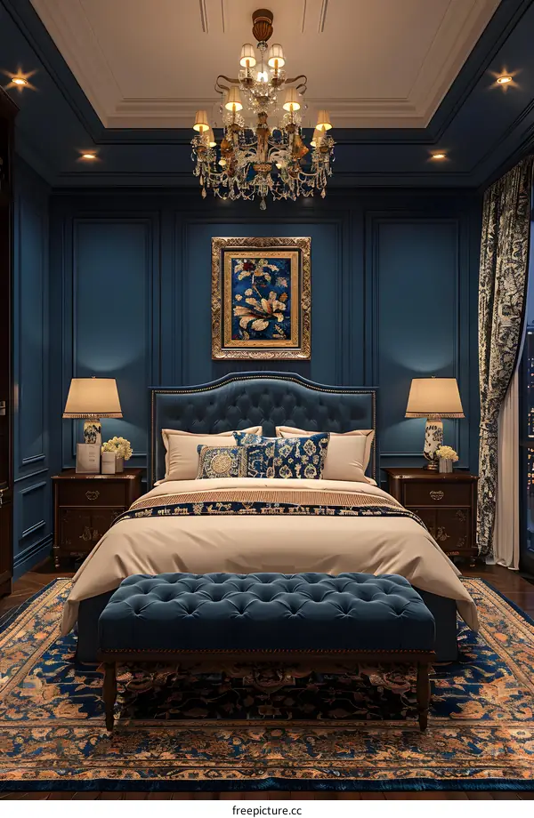 Blue velvet tufted bed in a luxurious bedroom