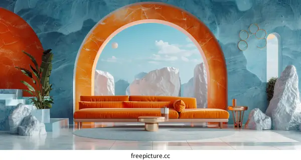 Colorful Modern Interior Design with Mountain View