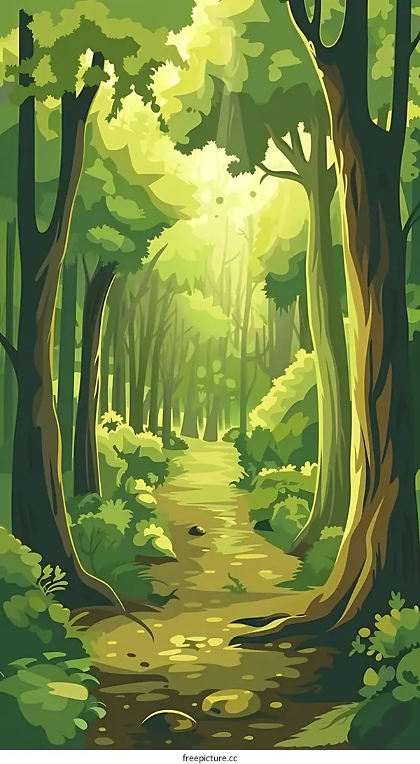 Pathway Through Lush Green Forest Illustration