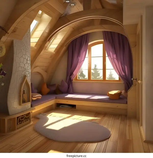 Cozy Wooden Attic Bedroom Interior Design with Fireplace and Window