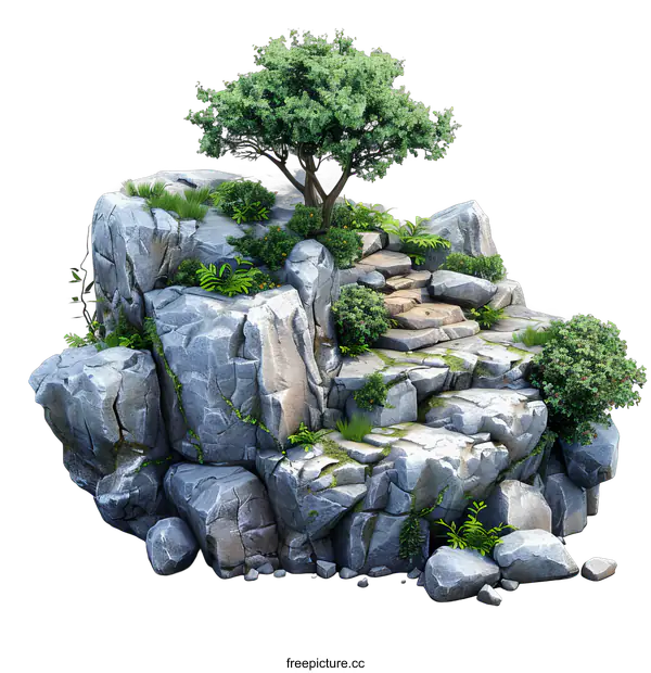 [Transparent Background PNG]Rocky Island with Lush Vegetation