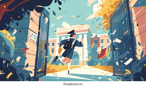 A young woman in a graduation gown is running towards the university gate.