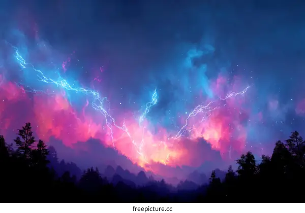 Colorful Night Sky Over a Forest with Lightning