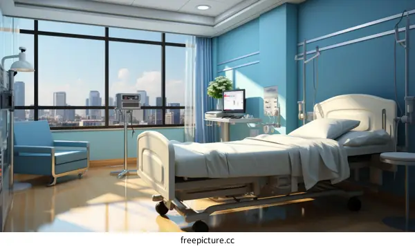 A hospital room with a bed, a chair, and a medical monitor