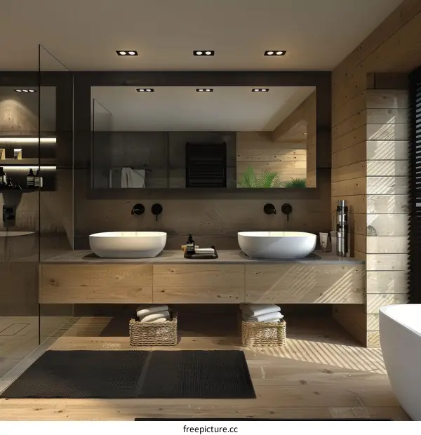 Bathroom interior with wooden wall and concrete floor