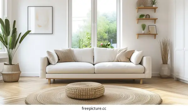 Bright living room with sofa and plants