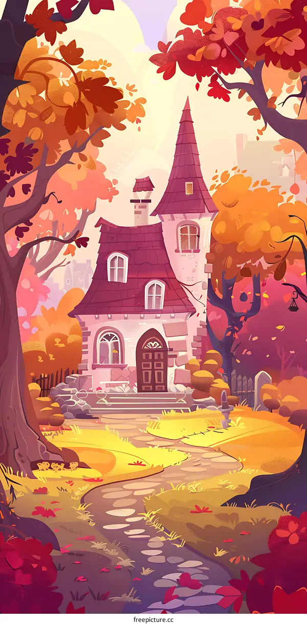 Autumn House Illustration With Stone Path