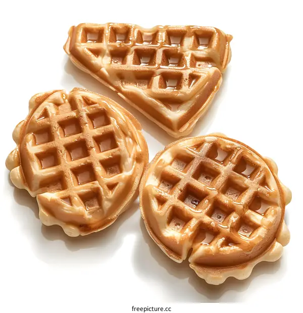 Three waffles with syrup on a white background