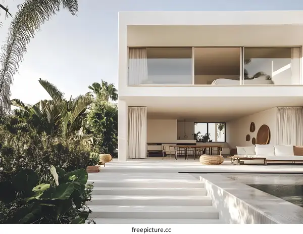 Modern Minimalist White House With Pool And Palm Trees
