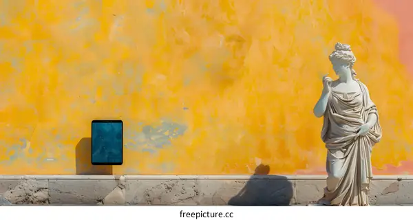 White Marble Statue on Yellow Wall with Smartphone