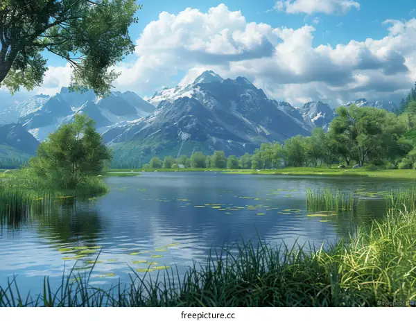 Majestic Mountainous Landscape with Serene Lake and Verdant Fields