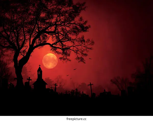 Spooky Red Moon Over Graveyard
