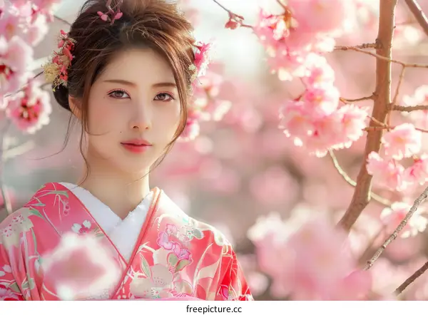 Portrait of a beautiful Japanese woman in traditional kimono with pink cherry blossoms