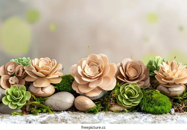 Wooden Flowers, Moss and Stones on a Light Background