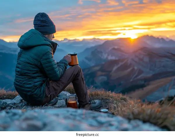 man drinking from a mug and watching the sunset over the mountains