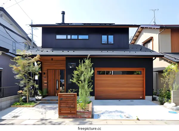 Modern Japanese Home with Wooden Garage Door and Landscaping