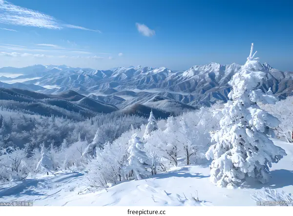 The snow-capped mountains are vast and beautiful, and the snow-covered trees are crystal clear
