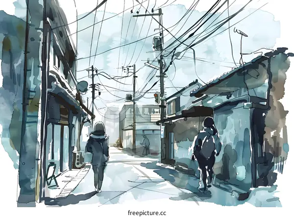 Watercolor Painting of a Narrow Street in Japan with Two People Walking