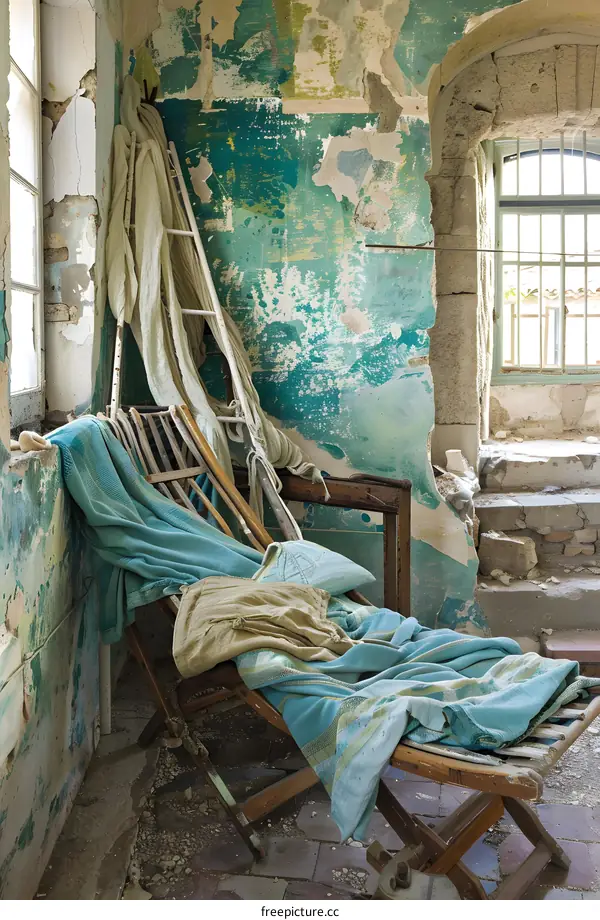 Old Abandoned House Interior with Broken Window and Rusted Ladder