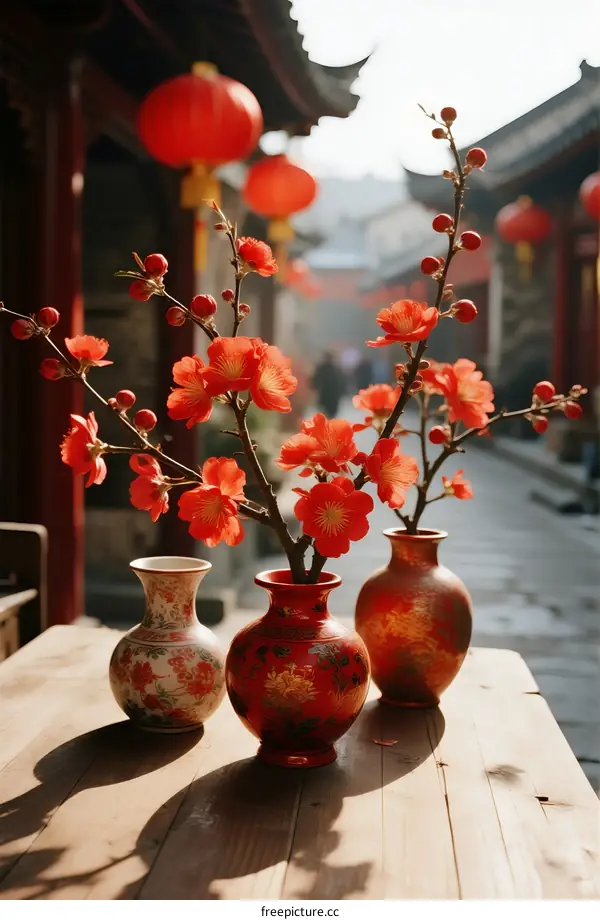 Red plum blossoms in traditional vases on wooden table in ancient street