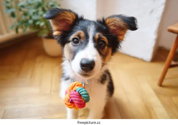 Cute Puppy with Colorful Toy on Wooden Floor