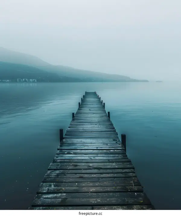 Wooden dock extending into a calm lake on a foggy day