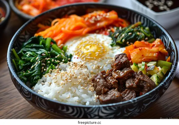 Korean Bibimbap with Beef, Egg, Spinach, and Kimchi