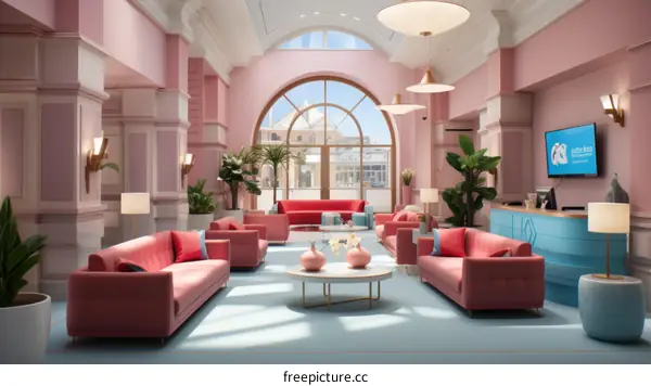 Pink and blue waiting room with sofas and plants