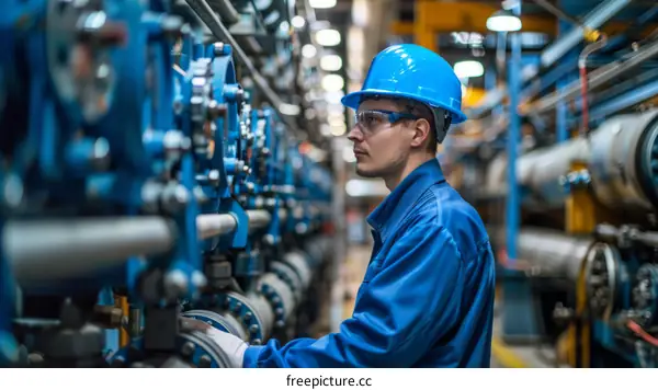 technician in blue uniform and safety helmet working in factory