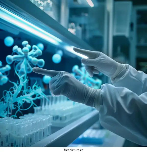 Scientists examining a 3D model of a virus