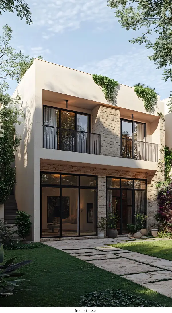 Modern House Exterior Design with Greenery and Stone Wall