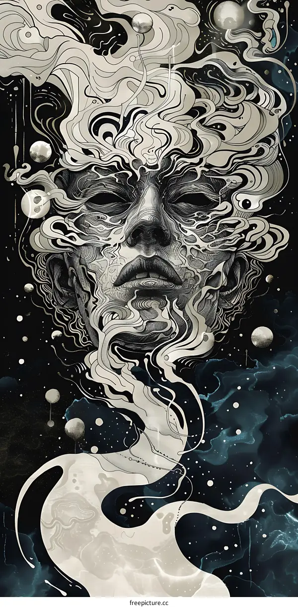 Abstract  Illustration of Woman Face with Swirls and Planets 