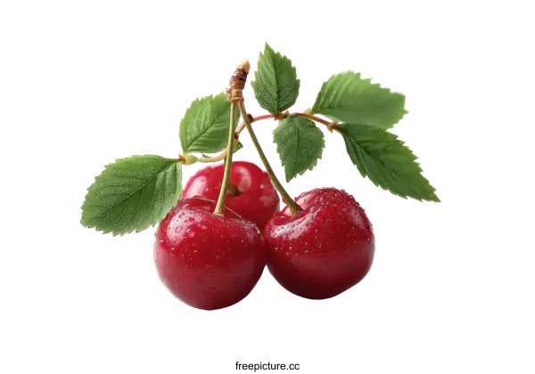 [Transparent Background PNG]Fresh Cherries with Leaves Close Up
