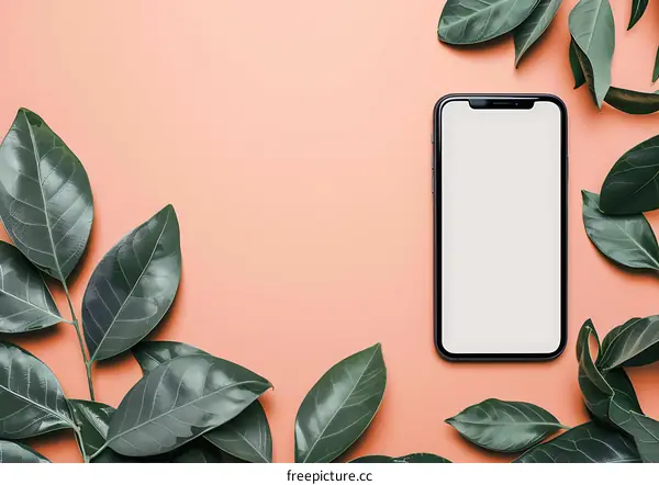 Green Leaves with Mobile Phone Mockup on Orange Background