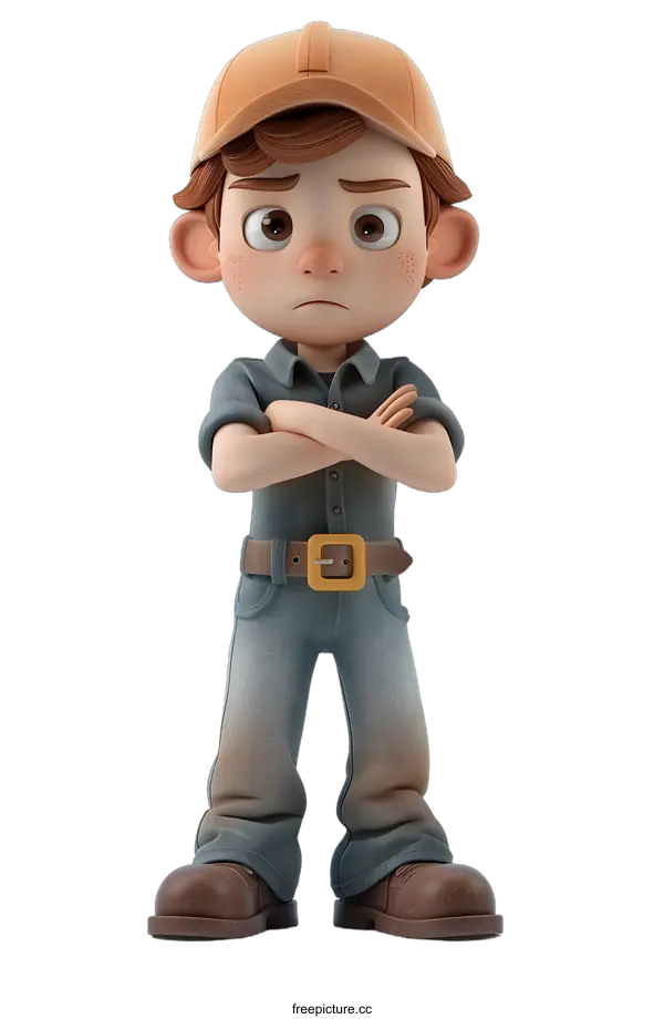 [Transparent Background PNG]3D rendering of a boy in brown cap and blue overalls