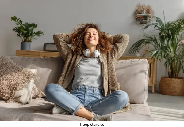 Relaxing Woman Listening to Music at Home