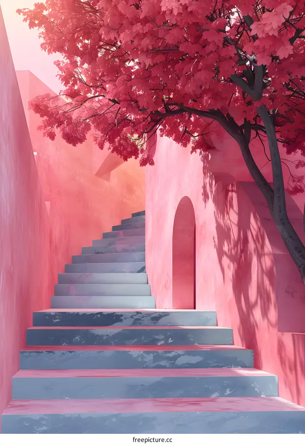 Pink Architectural Stairway with Tree