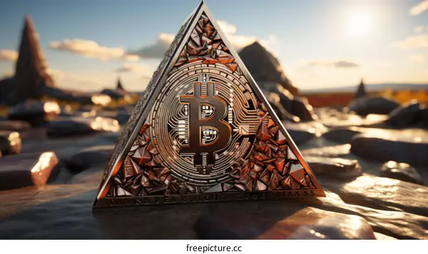 A Bitcoin Sits in a Rocky Landscape