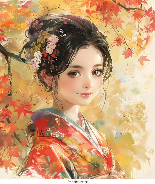 A beautiful Japanese girl in a kimono standing in a field of red maple leaves.
