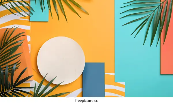Summer Minimalist Background with Palm Leaves and White Circle