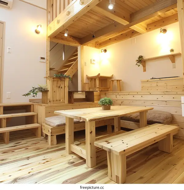 A wooden house with a dining table and benches